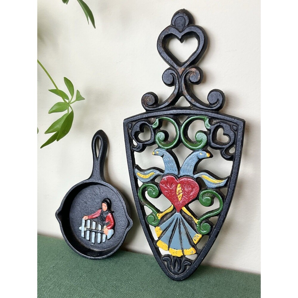 Vintage Cast Iron Set Love Birds & Country Iron Skillet Folk Art Painted Trivets
